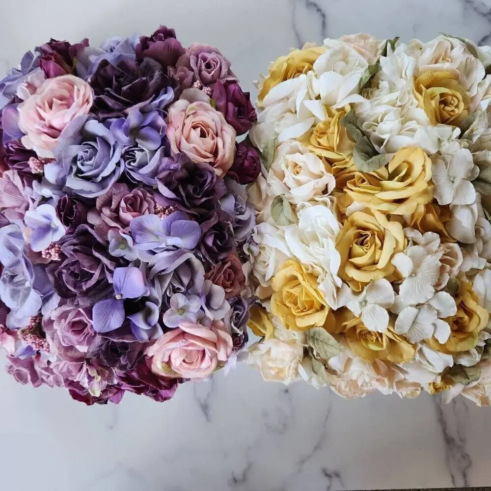 Decorative rose floral bouquet pillow bundle of 2 purple yellow